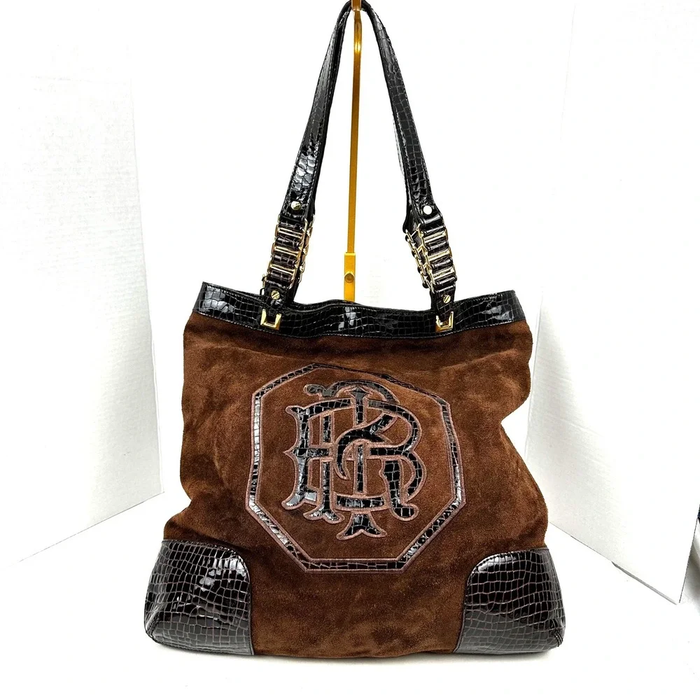 Tory Burch Espresso Suede Croc Embossed Satchel Shoulder Tote Bag Large Preowned
